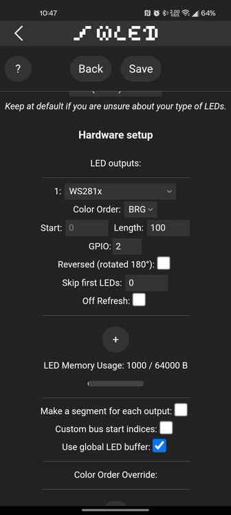 WLED strip setup menu